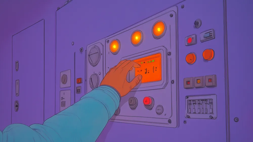 Una mano sobre un panel de mandos, con sus lámparas ámbar encendidas.